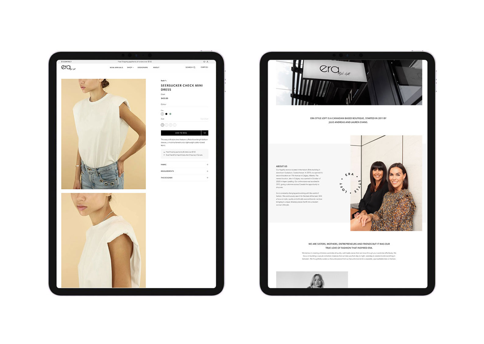 two screens showcasing the product details and about us page